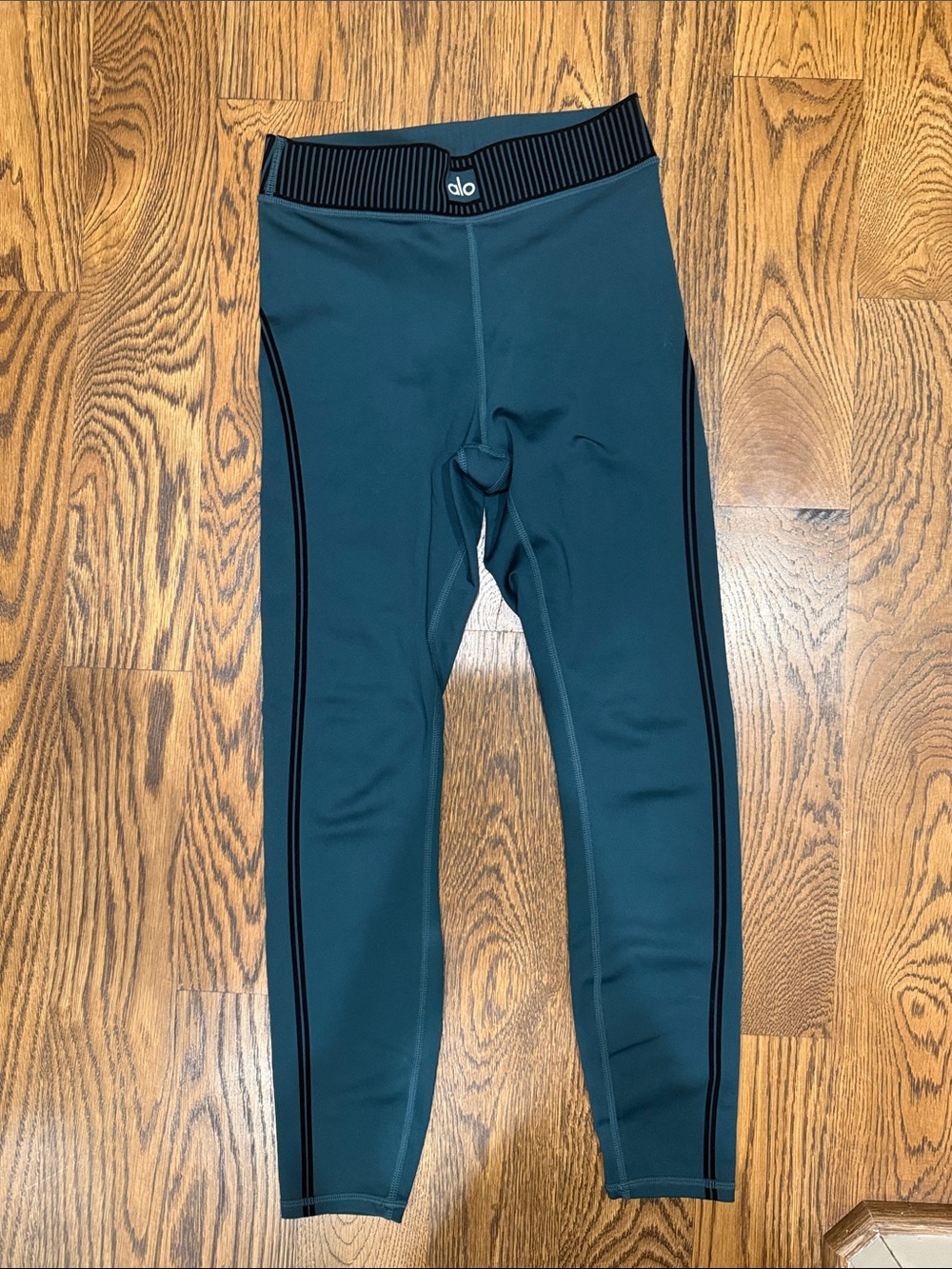 ALO Yoga Line Up Dark Green Leggings with Black Side Stripes